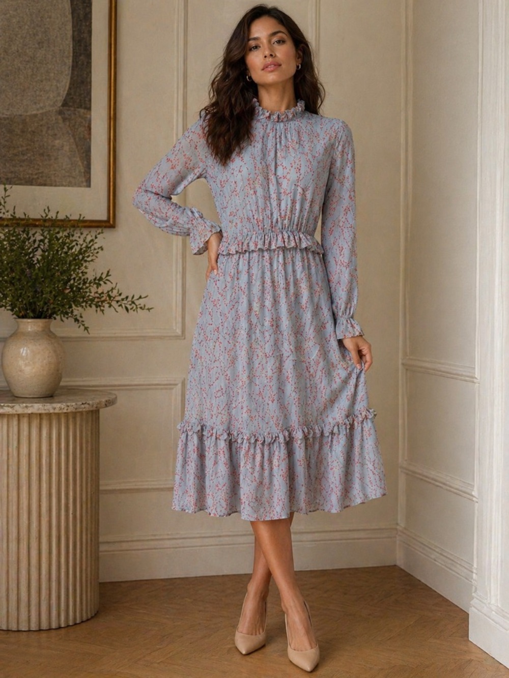 The Middle Blue Floral Ruffle Midi Dress Modest Long Sleeve